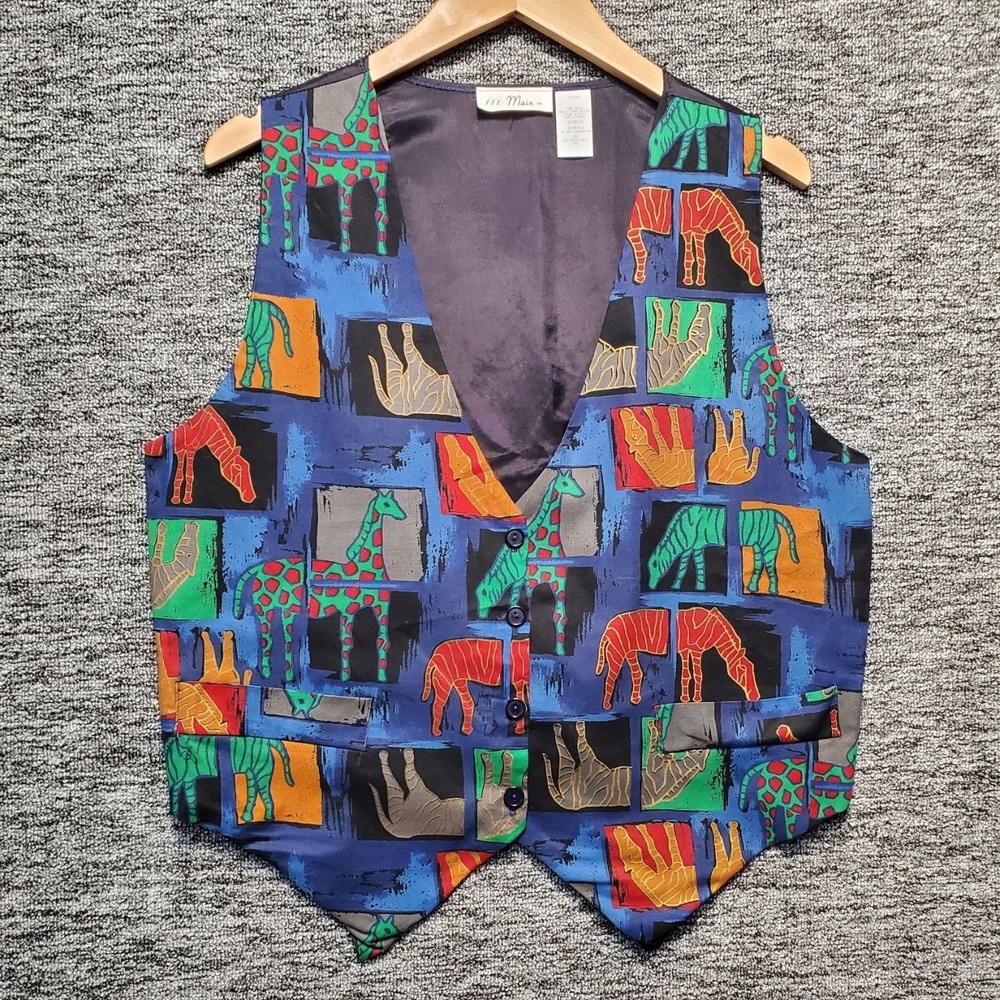 VTG 111 Main Abstract Pop Art Vest Womens L XL Blue Giraffe Zebra Safari 90s